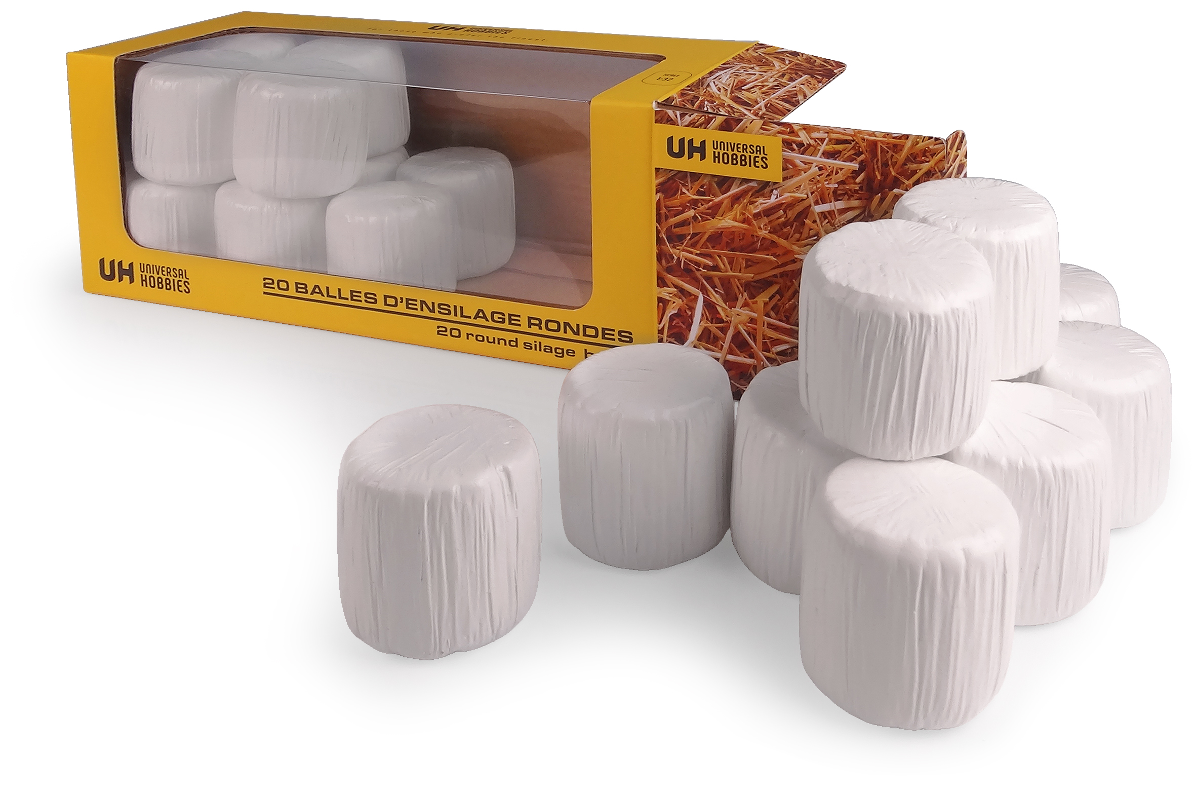 20 Silage Rundballen weiß Modell von Universal Hobbies 1:32